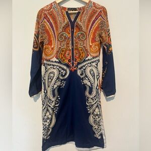 Women’s Limelight Designer Kurta Dress Navy Orange Red  Artsy Boho Cotton Small